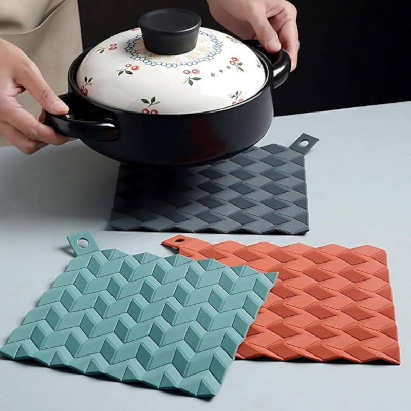2 Pieces Silicone Trivet Mat for Hot Pots and Pans, Heat Resistant, Geometric Pattern, Grey, Mint, Coral